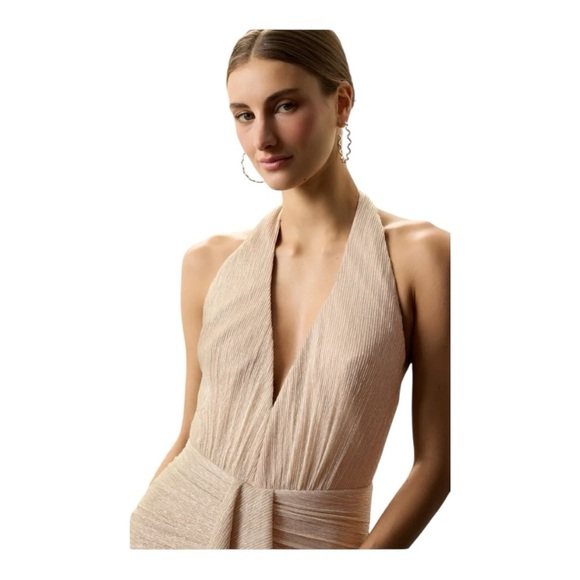 Patbo Lurex Draped Maxi Gown Halter Dress in Gold Metallic Size 4 - Picture 4 of 12